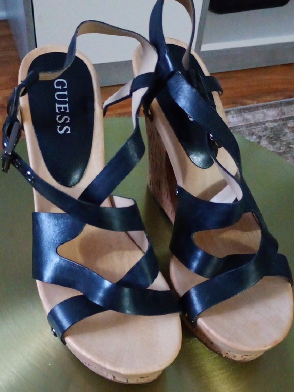 Guess Navy Strappy Cork Wedge Sandals